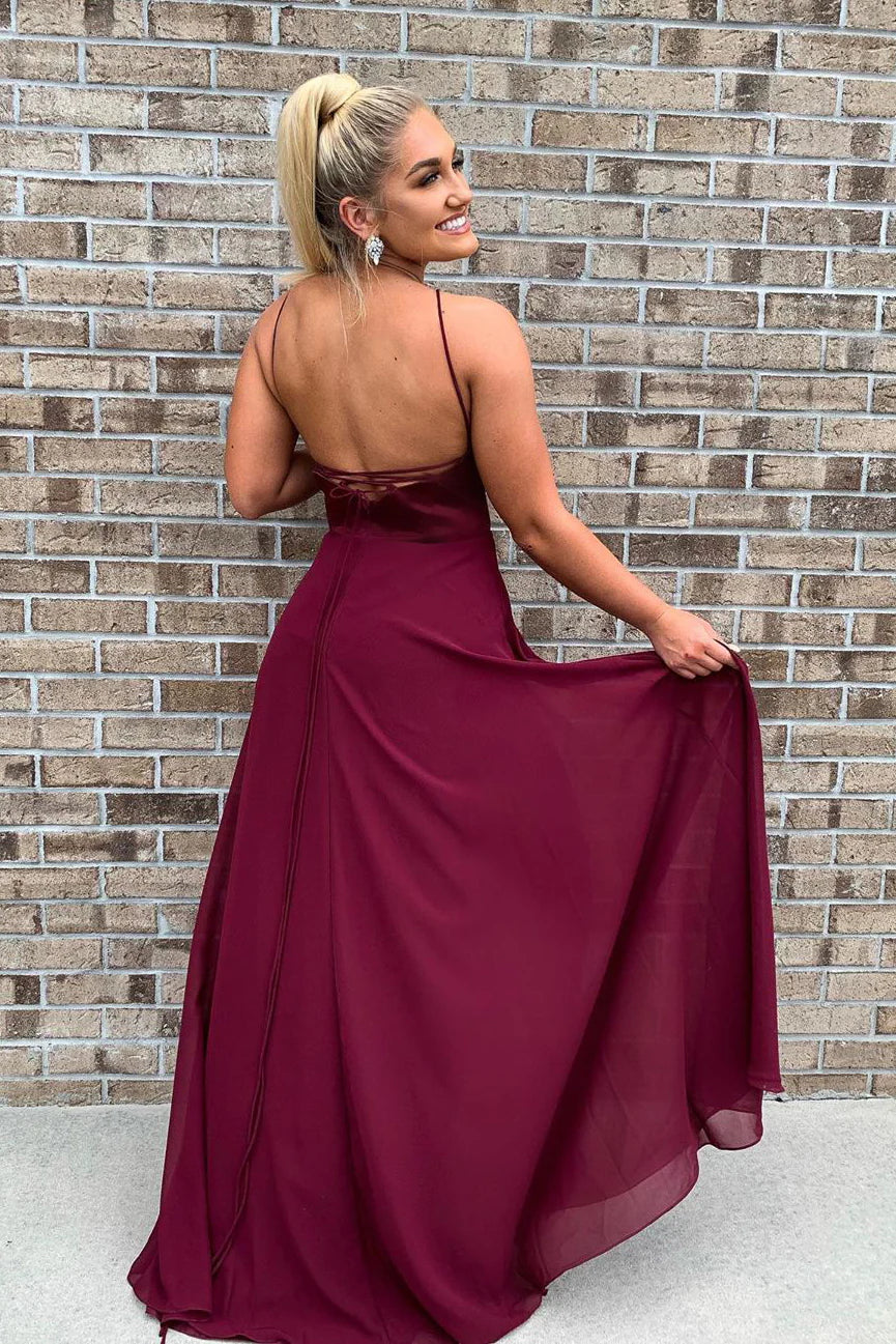 A-Line Burgundy Long Bridesmaid Dress with Tie Back/Formal Wear Dresses