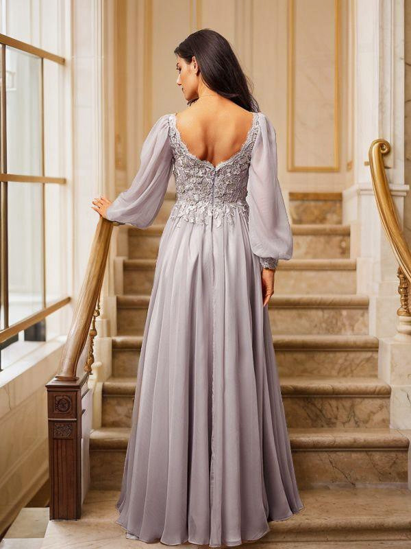 A-Line/Princess Chiffon Applique V-neck Long Sleeves Floor-Length Dresses Prom Dress