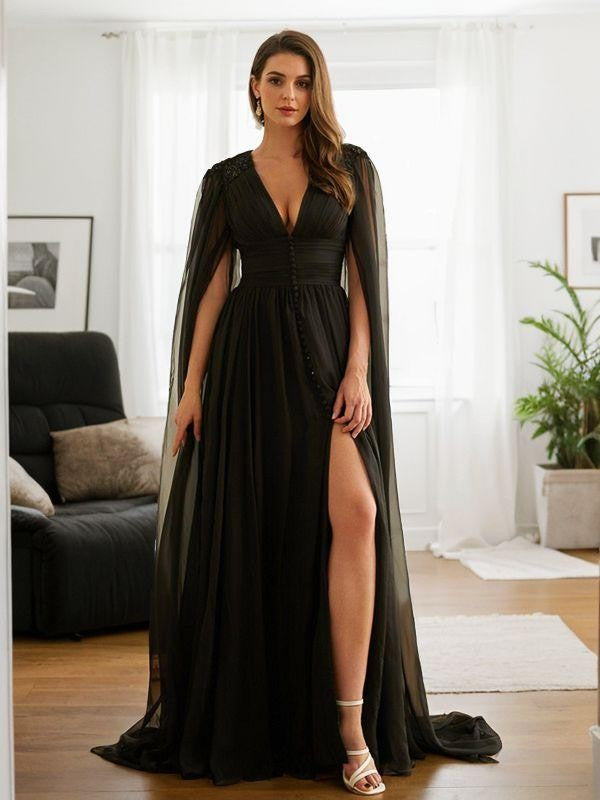 A-Line/Princess Chiffon Ruched V-neck Long Sleeves Floor-Length Dresses Prom Dress