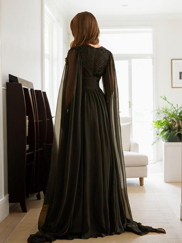 A-Line/Princess Chiffon Ruched V-neck Long Sleeves Floor-Length Dresses Prom Dress