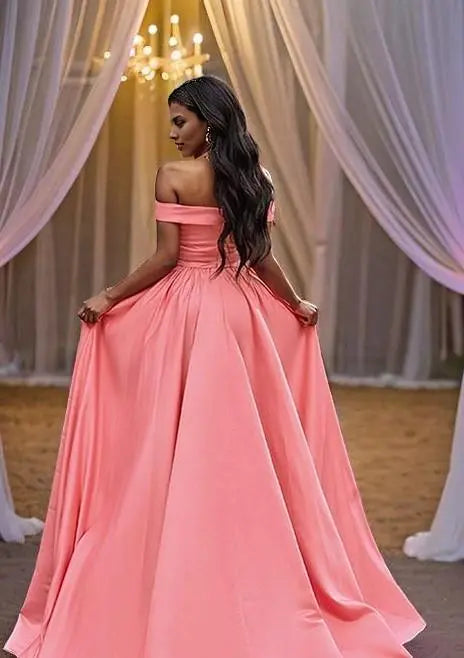 A-Line/Princess Satin Sleeveless Ruffles Off-the-Shoulder Court Train Dresses Prom Dresses With Slit