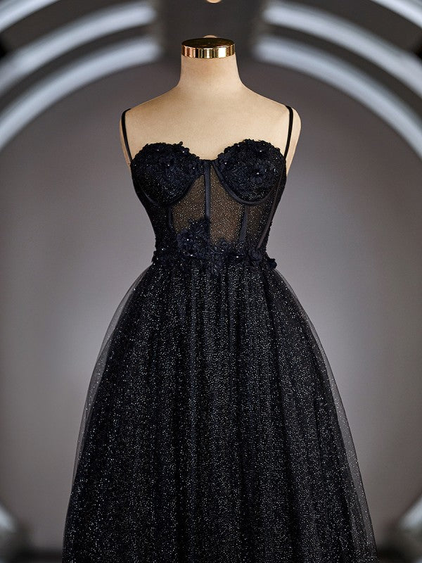 A-Line/Princess Spaghetti Straps Floor-Length Evening Dresses Appliques Lace Prom Dress