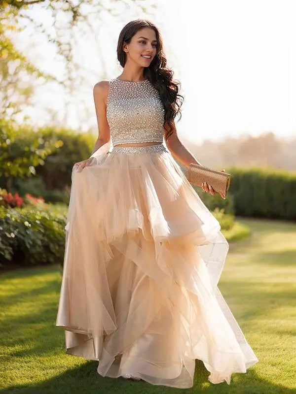 A-Line/Princess Tulle Beading Scoop Sleeveless Floor-Length Two Piece Dresses Prom Dresses With Multi Layer