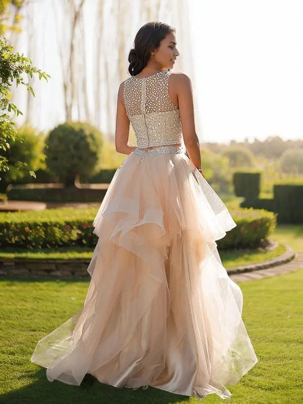 A-Line/Princess Tulle Beading Scoop Sleeveless Floor-Length Two Piece Dresses Prom Dresses With Multi Layer