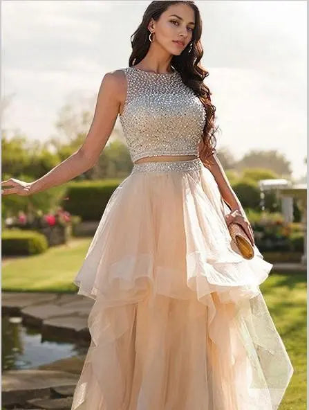A-Line/Princess Tulle Beading Scoop Sleeveless Floor-Length Two Piece Dresses Prom Dresses With Multi Layer