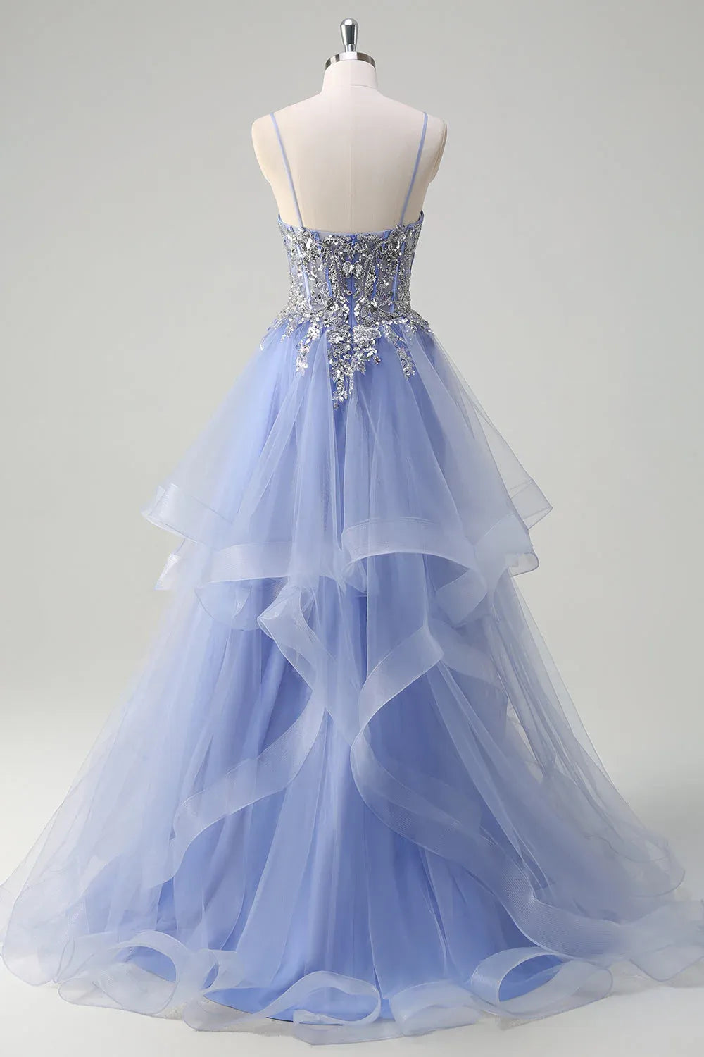 A-Line Spaghetti Strap Corset Sequin Applique Ruffle Sky Blue Train Prom Dress