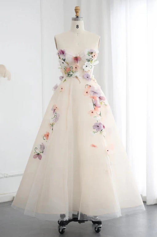 A-line 3D Floral Applique Strapless Tulle Prom Dress With Ankle Length
