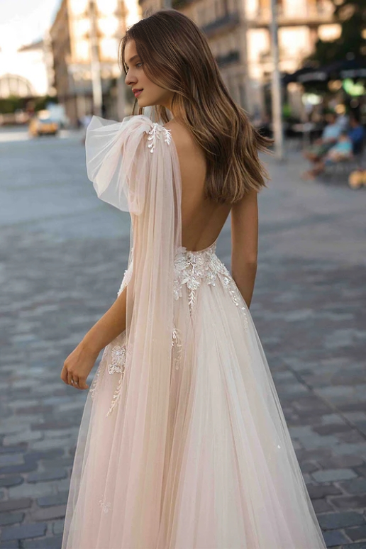 A-line Backless Train Sheer One-Shoulder Sleeveless Prom Party Dress With Applique
