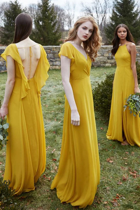 A-line Chiffon Floor-Length Mustard Yellow Bridesmaid Dresses/Dress Plus Size Formal