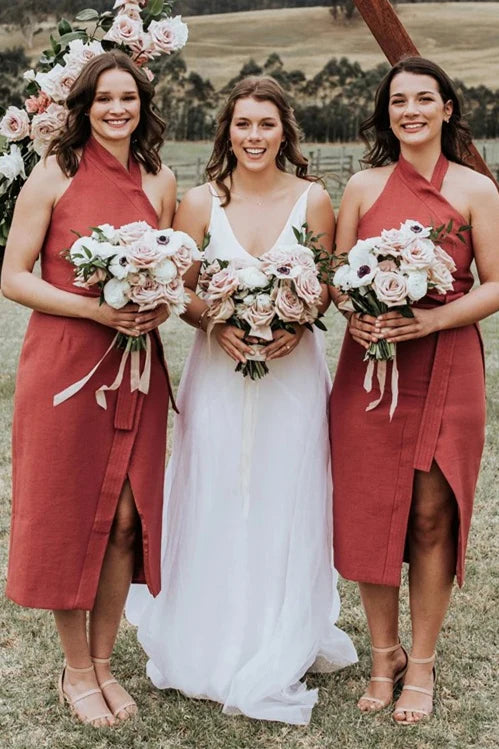 A-line Halter Tea-length Dark Coral Bridesmaid Dress with Belt/Dress Plus Size Formal