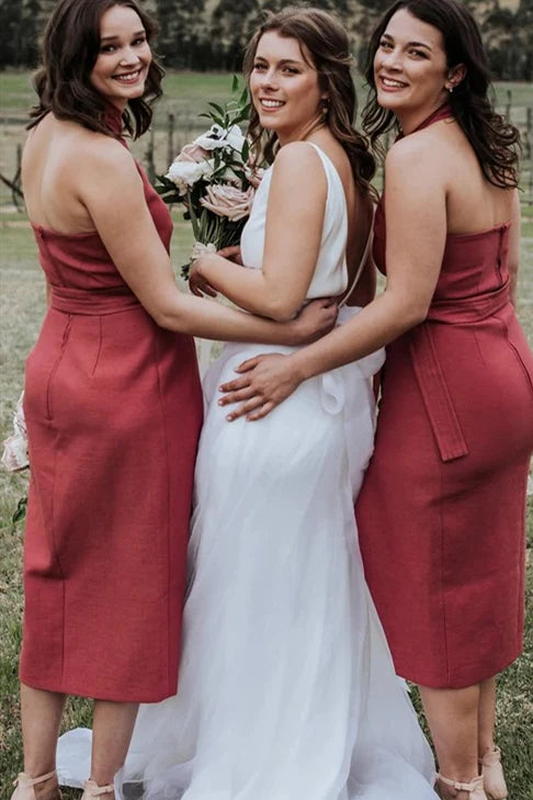 A-line Halter Tea-length Dark Coral Bridesmaid Dress with Belt/Dress Plus Size Formal