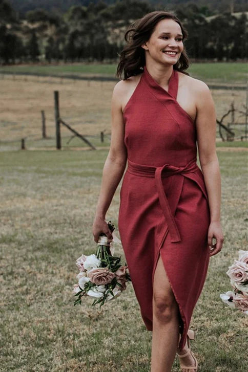 A-line Halter Tea-length Dark Coral Bridesmaid Dress with Belt/Dress Plus Size Formal