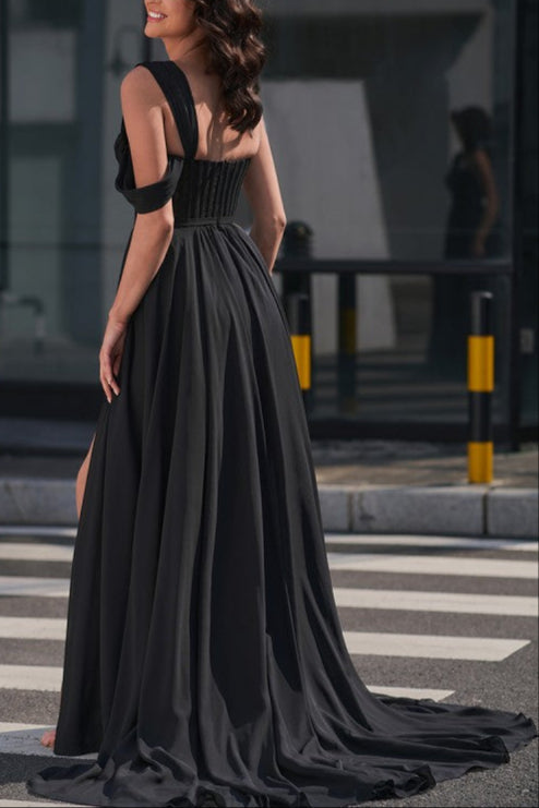 A-line/Princess One-Shoulder Appliques Lace Sweep Train Sleeveless Chiffon Corset Dress Prom Dress
