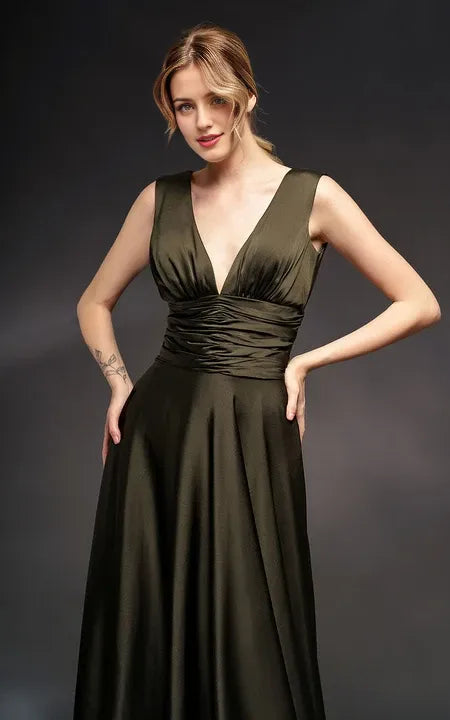 A-line Sleeveless Sheath Dress with Ruched Waist Floor Length Deep-v Back Prom Dress/Dress For Formal