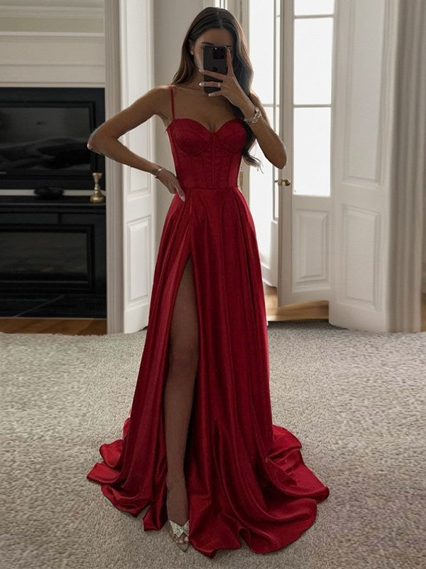 A-line Spaghetti Straps Ruffles Sweep Train Satin Corset Dress Solid Color Prom Dress