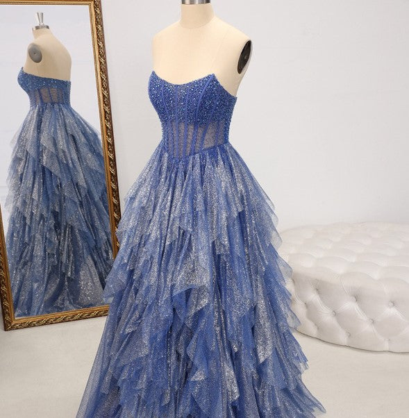 A-line Straight Cascading Ruffles Floor-Length Corset Dress Sleeveless Back Zip Prom Dress