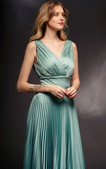 A-line Formal Pleated V-neck Sleeveless Dress with Low-v Back Floor Length Prom Dress/Dress For Formal