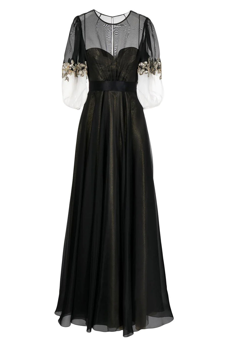 A-line Medium Sleeves Round Neck Tulle Prom Dress With Floor Length