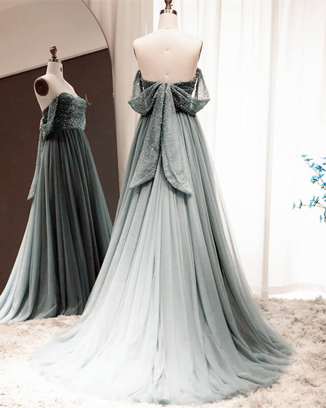 A-line Off-the-Shoulder Tulle Beading Prom Dress With Bow