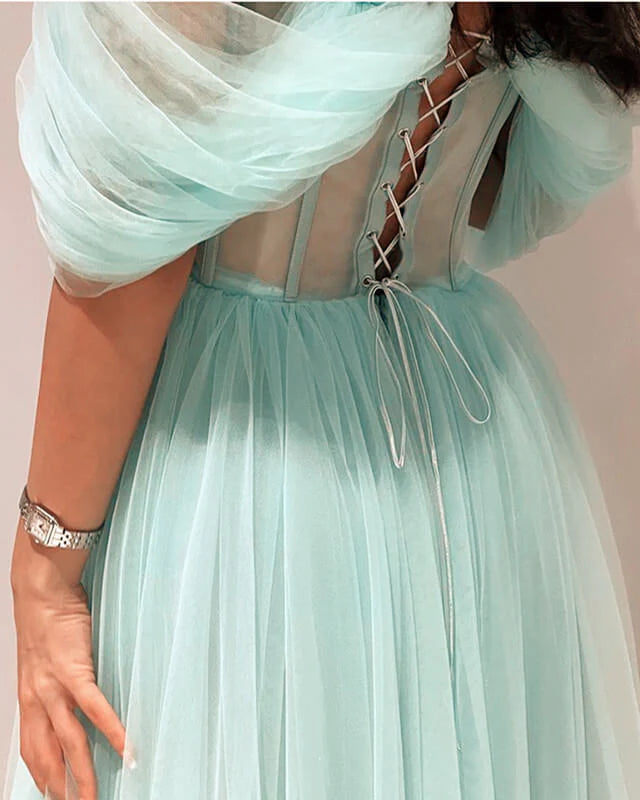 A-line Off Shoulder Tulle Corset Back Dress Lace-Up Prom Dress