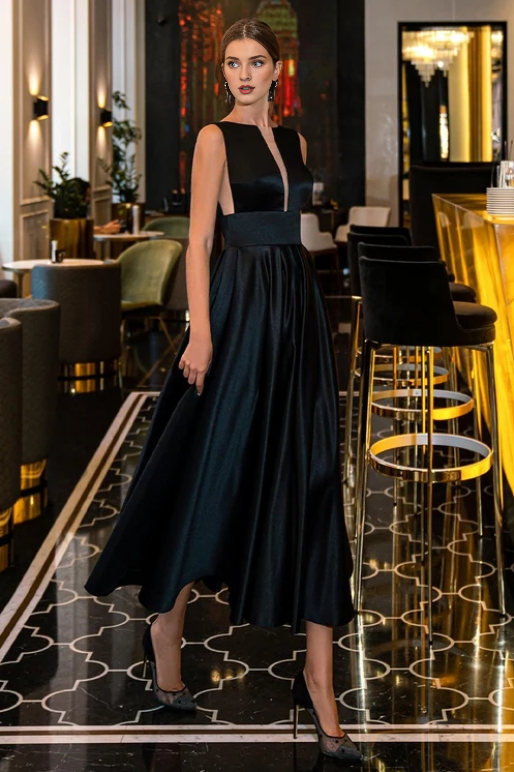 A-line Round Neck Backless Ankle Length Satin Sleeveless Prom Party Dress