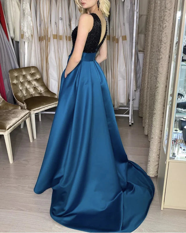 A-line Sleeveless Sequins Beaded Satin Prom Dresses With Pockets