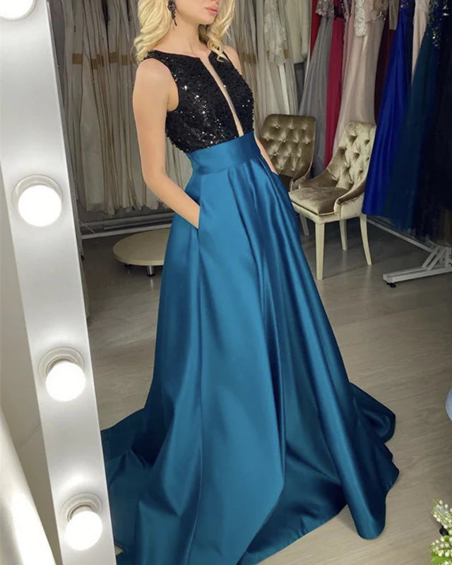 A-line Sleeveless Sequins Beaded Satin Prom Dresses With Pockets