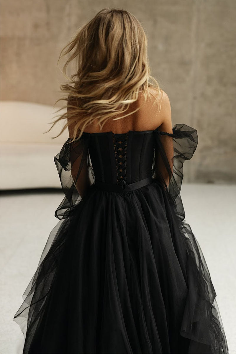 A-line Slit Black Long Sleeve Tulle Off-the-Shoulder With Train