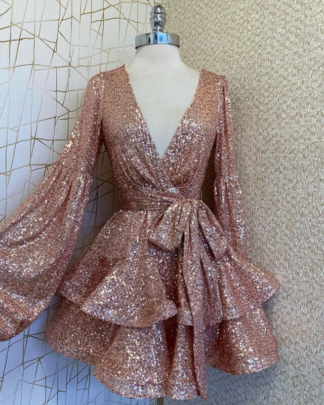 A-line Sparkly Long Sleeve Rose Gold Deep V-neck Sequin Dress