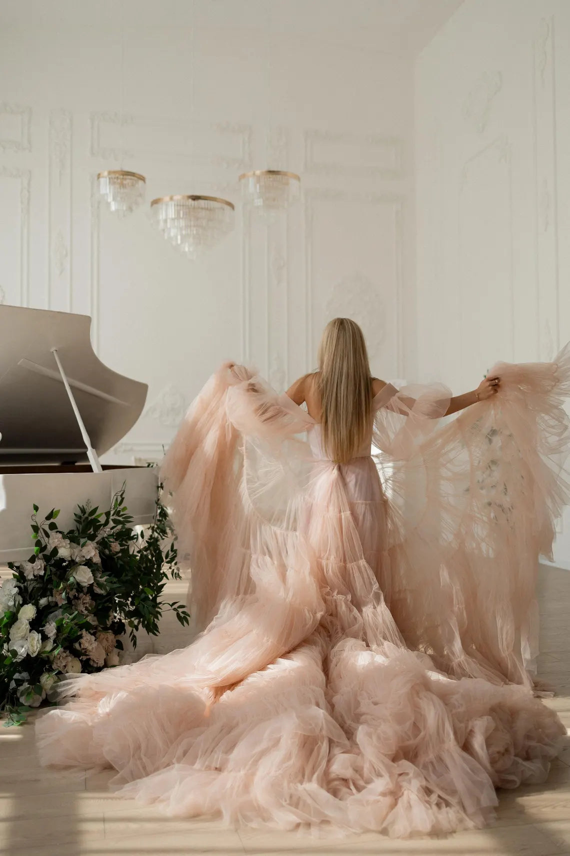 A-line Strapless Off-the-Shoulder Blush Tulle Engagement Wedding Dress Long Sleeves White Prom Party Dress