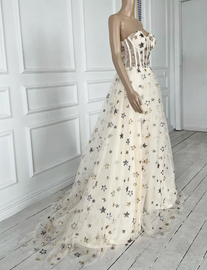A-line Strapless Off-the-Shoulder Champagne Gown With Stars Wedding Dress Long Sleeves Prom Party Dress