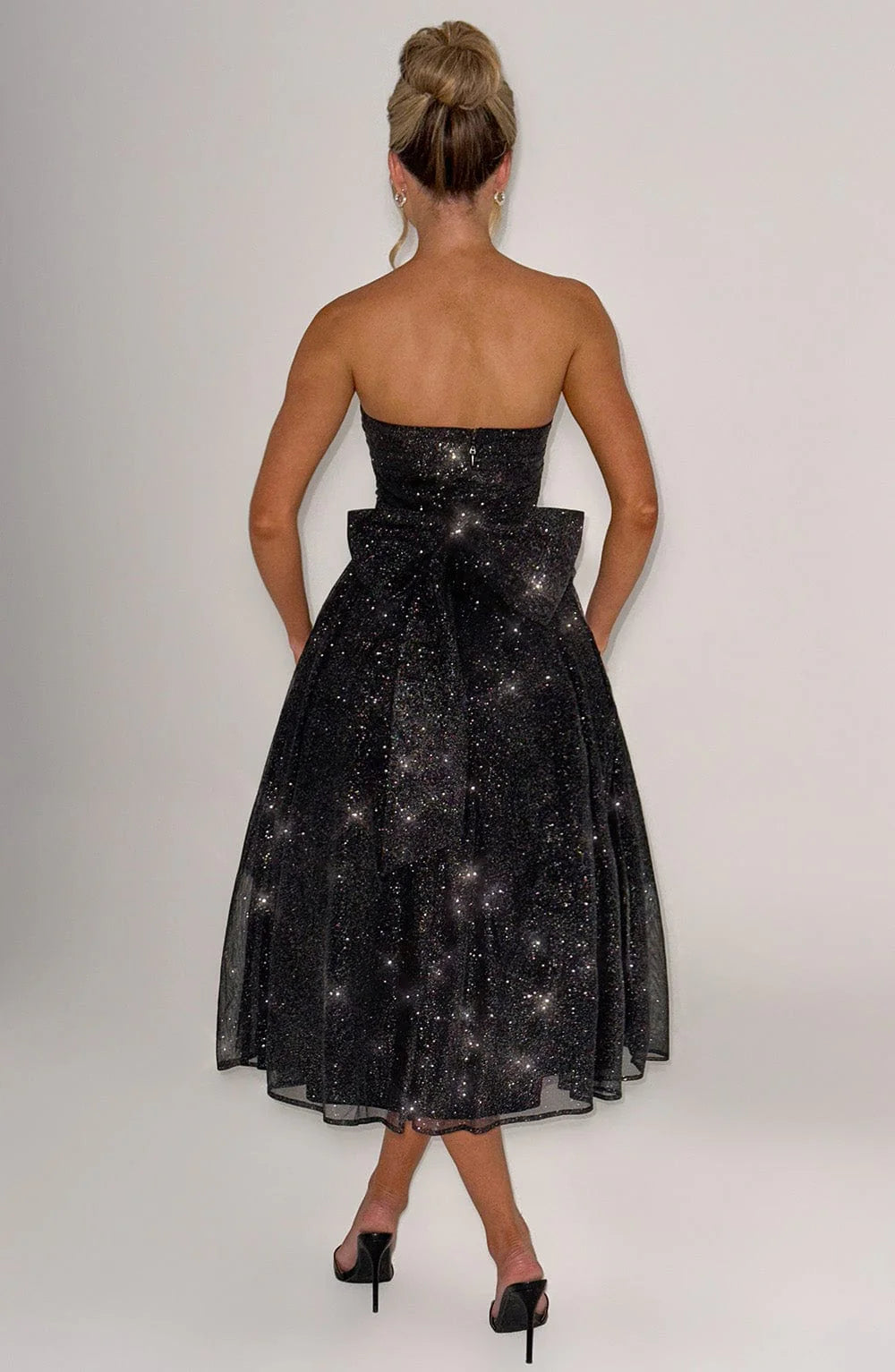 A Line Strapless Tulle Prom Dress with Bow Sparkle Cocktail Party Dress Tea Length Evening Dance Ball Gown 2025