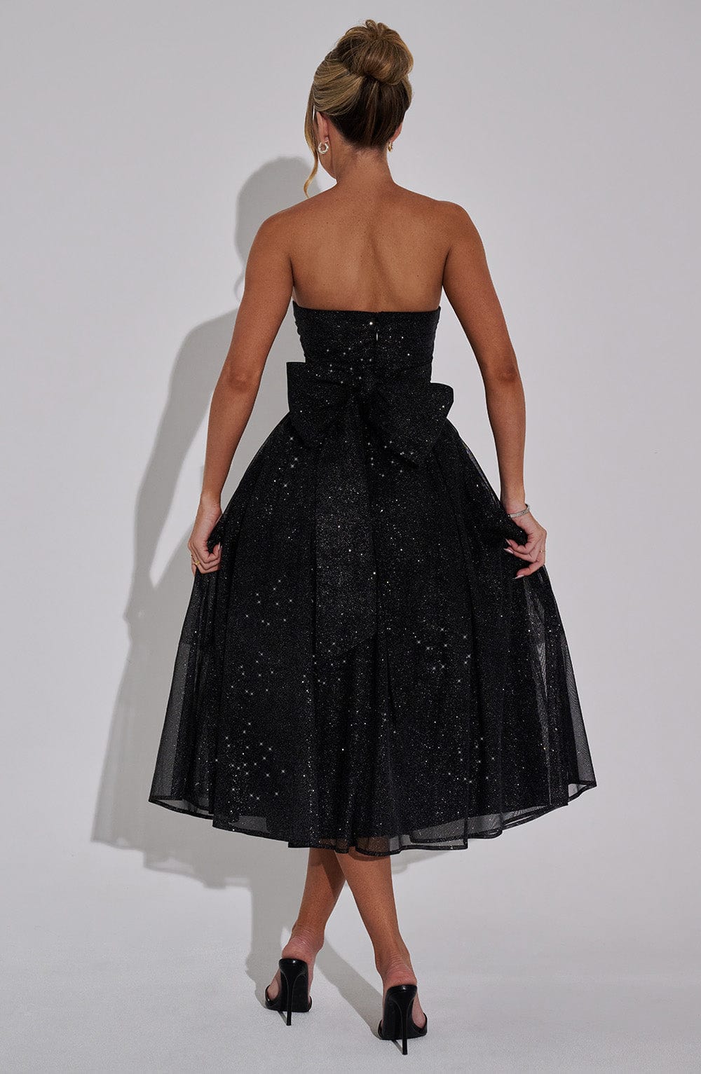 A Line Strapless Tulle Prom Dress with Bow Sparkle Cocktail Party Dress Tea Length Evening Dance Ball Gown 2025