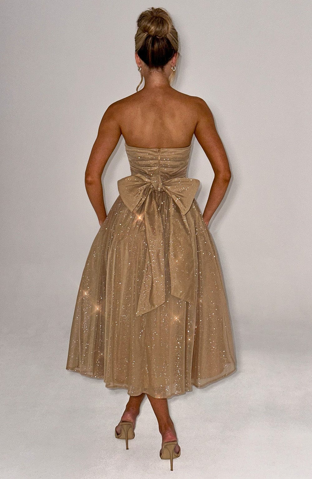 A Line Strapless Tulle Prom Dress with Bow Sparkle Cocktail Party Dress Tea Length Evening Dance Ball Gown 2025