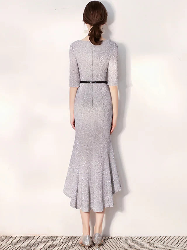 Cocktail Party Dress Jewel Neck Long Sleeve Tea Length Sequined with Sash Ribbon Sequin Ruffles