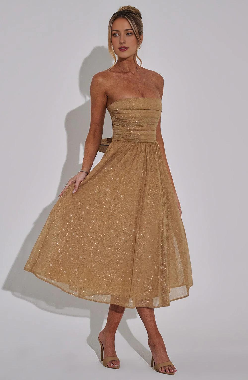 A Line Strapless Tulle Prom Dress with Bow Sparkle Cocktail Party Dress Tea Length Evening Dance Ball Gown 2025
