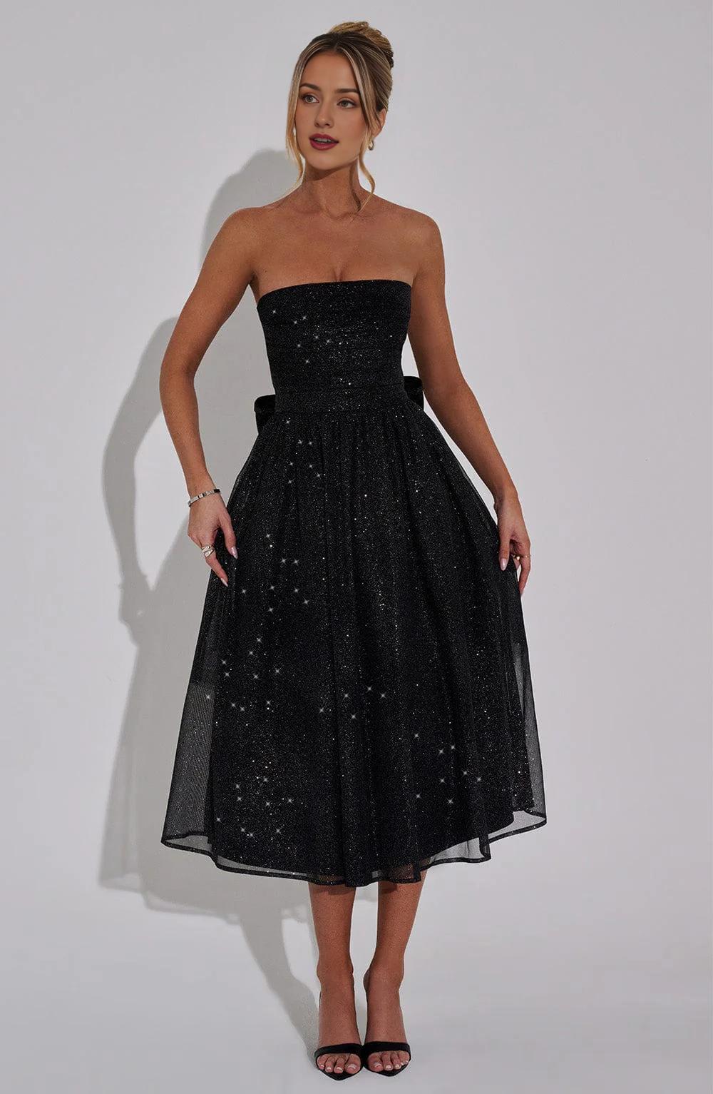 A Line Strapless Tulle Prom Dress with Bow Sparkle Cocktail Party Dress Tea Length Evening Dance Ball Gown 2025