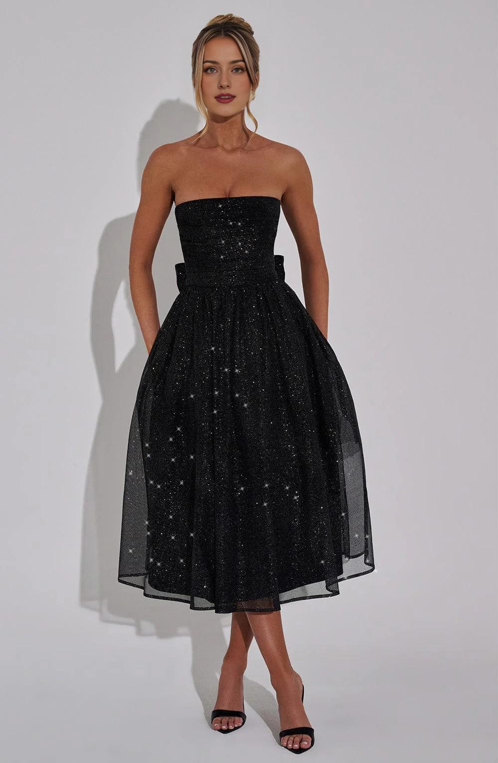 A Line Strapless Tulle Prom Dress with Bow Sparkle Cocktail Party Dress Tea Length Evening Dance Ball Gown 2025