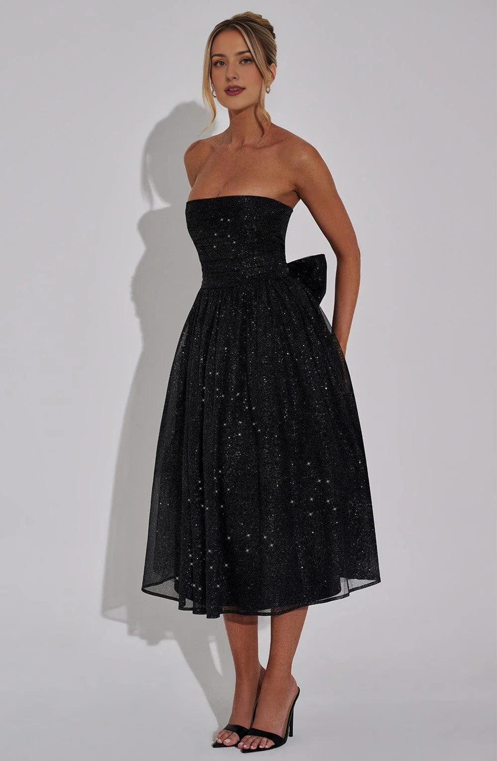 A Line Strapless Tulle Prom Dress with Bow Sparkle Cocktail Party Dress Tea Length Evening Dance Ball Gown 2025