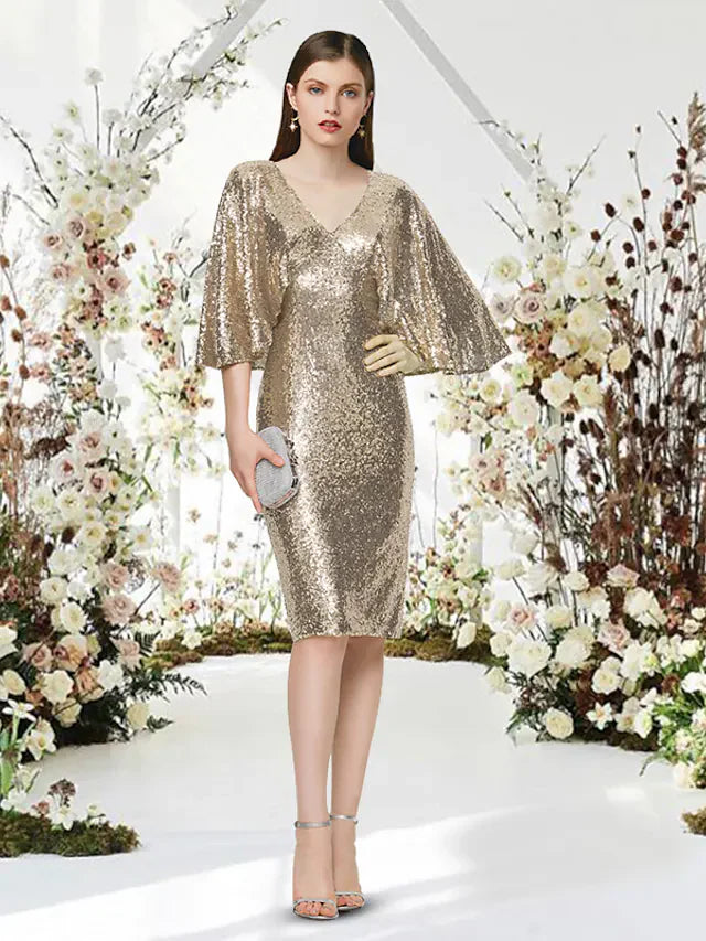 Cocktail Party Dress V Neck Half Sleeve Knee Length Sequined with Sleek