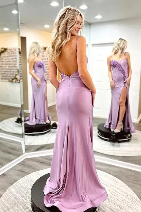 Backless Lavender Floor Length Mermaid Spaghetti Straps Prom Party Dresses With Slit