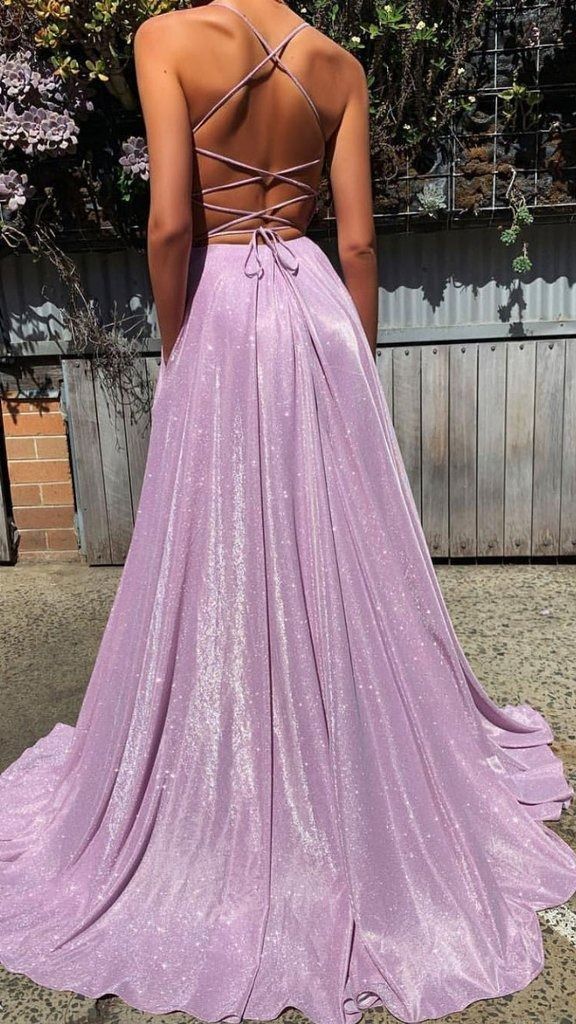 Backless Spaghetti Straps Sparkly Purple Glitter Sequin Lace Up Long Evening Gowns
