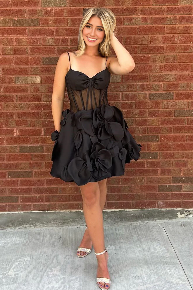 Backless Cute A-Line Spaghetti Straps Short Floral Satin Homecoming Dress