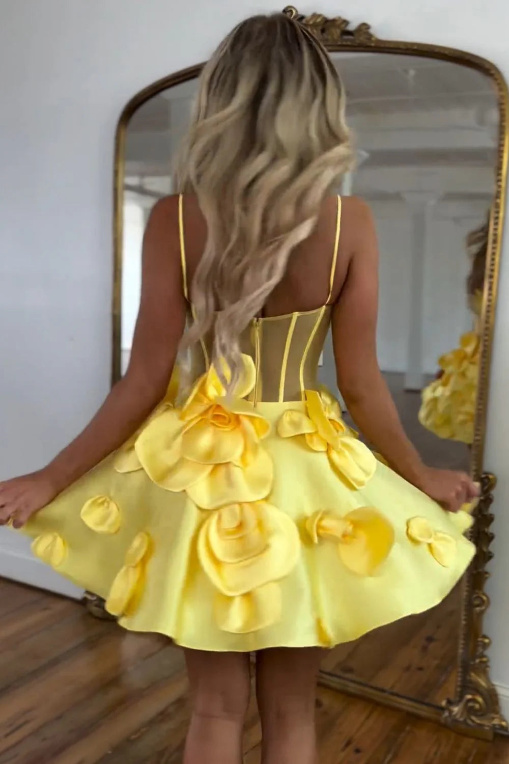 Backless Cute A-Line Spaghetti Straps Short Floral Satin Homecoming Dress