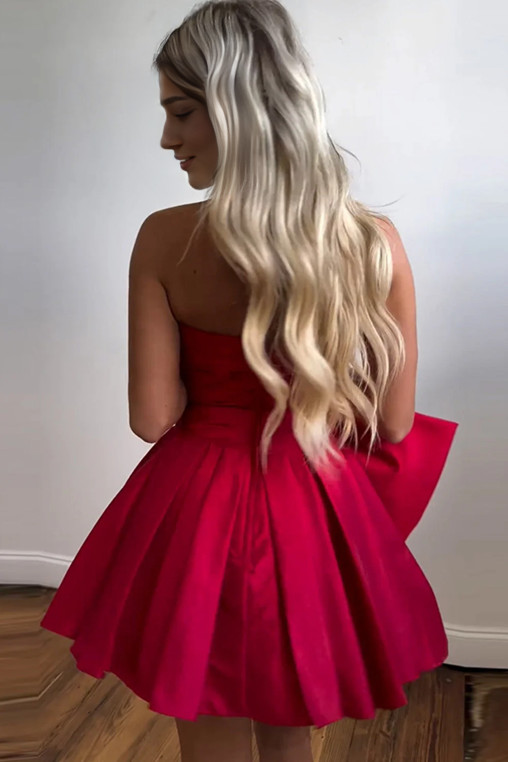 Backless Cute A-Line Strapless Short Satin Homecoming Dress With Bowknot