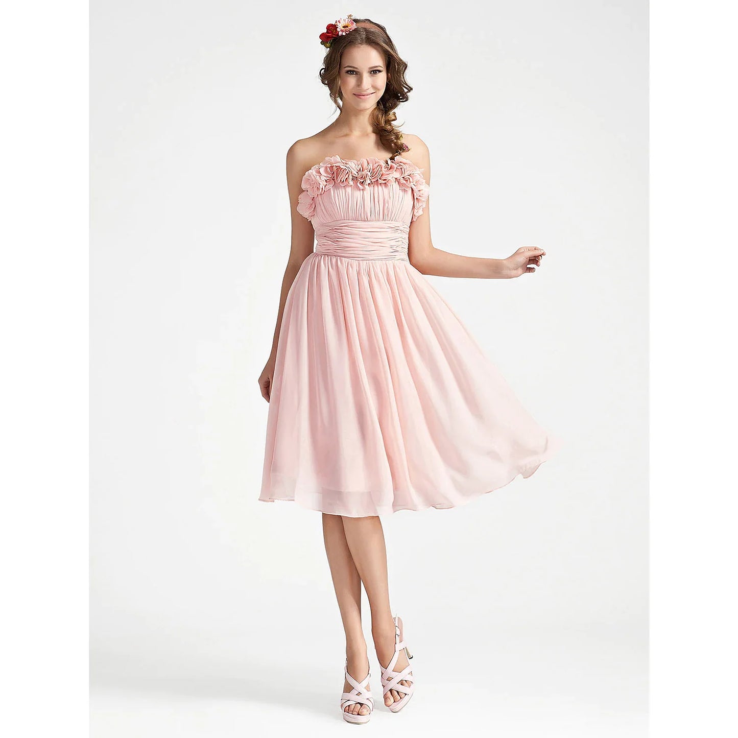 Cocktail Party Knee Length Sleeveless Strapless Chiffon with Ruched Draping Flower