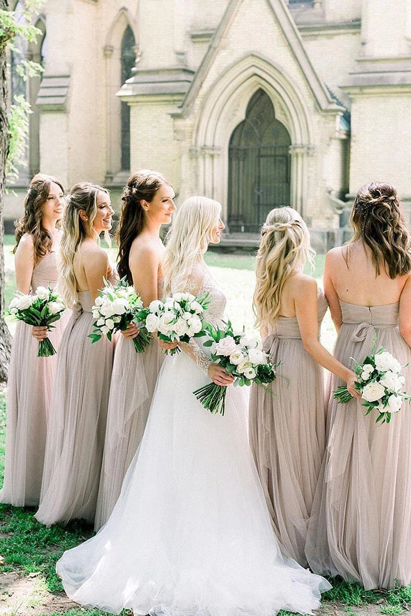 Bohemian Strapless Ruched Light Grey Bridesmaid Dress with Ribbon/Formal Wear Dresses