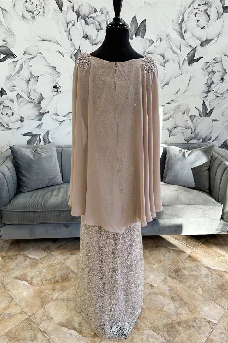 Lace Round Neck Long Formal Dress with Cape Sleeves