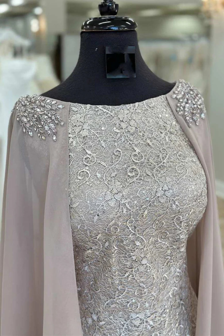 Lace Round Neck Long Formal Dress with Cape Sleeves