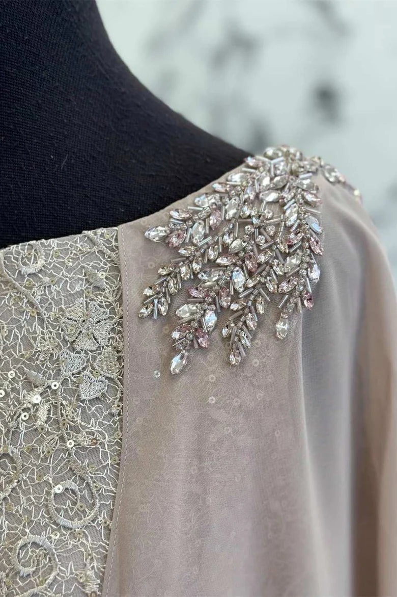 Lace Round Neck Long Formal Dress with Cape Sleeves